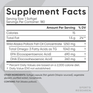 Sports Research® Omega-3 Fish Oil 1250 - Triple Strength Fish Oil Supplement from Wild Alaska Pollock - MSC Certified Sustainable · Non-GMO · Soy Free - 180 Softgel Capsules Sports Research buy supplements Au