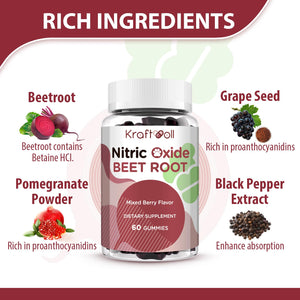 Kraftvoll Nitric Oxide Beet Root Gummies – Sugar-Free Beet Chewables, Mixed Berry Flavor with Grapeseed Powder, Pomegranate, Vitamin C & B12 – Nitric Oxide Supplements for Men – 60 Gummies (2 Bottles) Kraftvoll buy supplements Au