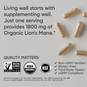 Sports Research® Organic Lion's Mane Mushroom Supplement 1800mg - Brain Health, Focus & Cognitive Supports - USDA Certified Organic · Non-GMO · Vegan - 90 Count Capsules Sports Research buy supplements Au