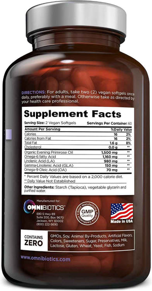 OmniBiotics Organic Evening Primrose Oil for Women – Clinical Strength 1500mg per Capsule, 10% GLA, Cold-Pressed, Non-GMO, Hormone Balance for Women – 120 Vegan Softgel Capsules (Pack of 2)