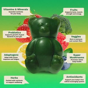 Gruns Sugar-Free Super Greens Gummies, Multivitamin Superfood Gummy Bears, Spirulina, Chlorella, Prebiotics & Fiber gummies for Digestive Health, Adaptogens Supplement, 20 Vitamins & Minerals, 10 pack Grüns buy supplements Au