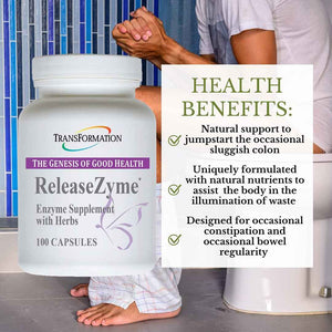 TRANSFORMATION THE GENESIS OF GOOD HEALTH Enzymes ReleaseZyme Blend Supplement with Natural Herbs, Advanced Digestive Support Formula with Protease, Helps Break Down Proteins, Plant Based Enzymes, 100
