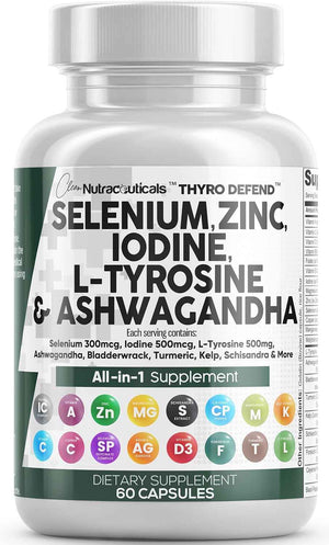 Clean Nutra Selenium 300mcg Iodine 500mcg Thyroid Support for Women & Men | L Tyrosine 500mg Ashwagandha Supplement Bladderwrack, Turmeric, Kelp, Schisandra Zinc Pills Capsule Supplements