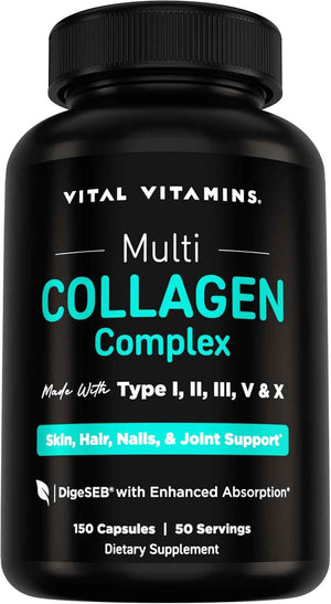 Vital Vitamins Multi Collagen Peptides Complex for Women & Men, 150 Pills | Supports Skin, Hair & Nails, 5 Collagen Types I II III V & X, Grass-Fed Non-GMO Collagen Supplements