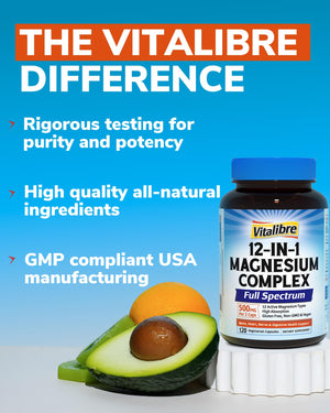 Vitalibre 12 in 1 Magnesium Complex Supplement 500mg | Max Absorption Chelated Magnesium Glycinate Citrate Malate & More for Bone, Nerve & Digestive Support | Non-GMO Vegan Capsules (120 Count) Vitalibre buy supplements Au