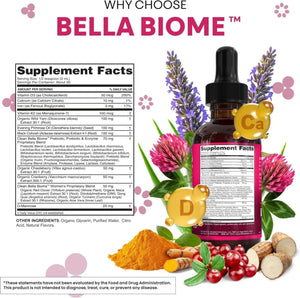 Liquid Probiotics for Women Drops with Chasteberry, Black Cohosh, Prebiotics, Digestive Enzymes, Evening Primrose Oil, Wild Yam, Cranberry Dmannose and Iron Vitamin D3 K2 Clean Nutra Bella Biotics Clean Nutraceuticals buy supplements Au
