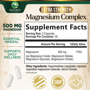 Magnesium Complex Supplement - Magnesium 500mg Per Serving - High Absorption Blend of Glycinate, Citrate, Malate, Oxide - Supports Sleep, Muscle, Bone, Heart Health - Bottled in USA - 60 Capsules Nature's Peak buy supplements Au
