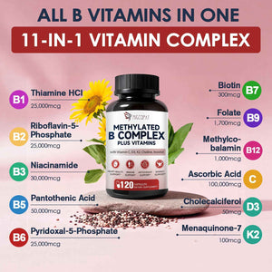 Migcopat 17-in-1 Methylated B Complex, 258,150 mcg Multivitamins, B12 Methylcobalamin, Methylfolate,Vitamin C, Vitamin D3 K2, CoQ10, Biotin, TMG, Methylated Multivitamin for Energy, Brain-120 Capsules