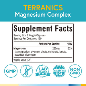 Terranics Magnesium Complex, 6-in-1, High Absorption, Glycinate, Citrate, Aspartate, Gluconate, Calmness, Heart, Bone, 240 Capsules, Non-Buffered Terranics buy supplements Au