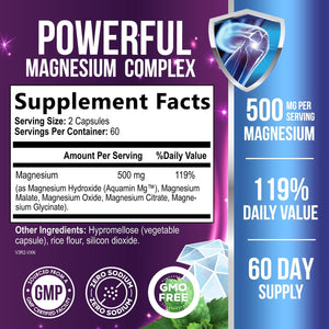 Magnesium Complex Capsules - 500mg per Serving Magnesium - High Absorption Chelated Mineral Supplement - with Oxide, Glycinate, Malate, Citrate for Muscle Bone and Heart Health Support - 120 Capsules Health Nutrition Naturals buy supplements Au