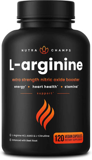 NutraChamps L-Arginine Supplement 1000mg + L-Citrulline 250mg & Beet Root – Nitric Oxide Booster for Heart Health, Energy & Stamina – Extra Strength Amino Acid Complex – 120 Vegan Capsules
