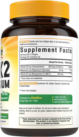 Vitalibre Vitamin D3 K2 10000 IU + Magnesium Glycinate, 60 Mini Softgels | High Absorption D3 K2 Vitamin 10000 IU for Bone, Teeth, Immune & Energy Support, Non-GMO, Easy to Swallow