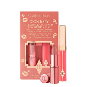 Charlotte Tilbury Icon Baby Lip Duo Kit - Mini K.I.S.S.I.N.G Satin Shimmer Lipstick & Full Size Hall of Fame High Shine Gloss Set - Hydrating Long Lasting Makeup Duo for On-the-Go Glossy Shine Charlotte Tilbury buy supplements Au
