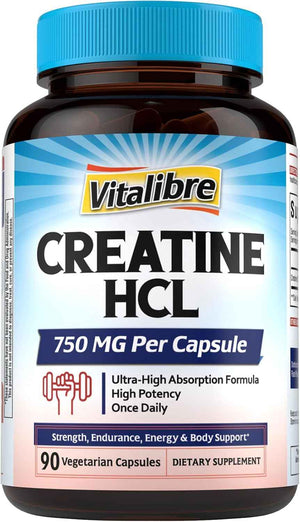 Vitalibre Creatine HCl Capsule, 750mg High Absorption Creatine Hydrochloride, Endurance, Strength, Fast Absorbing, No Load, No Bloat, Monohydrate Micronized Alternative, Once Daily, 90 Capsules