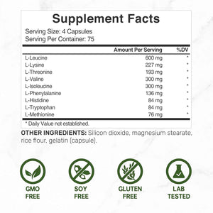 Essential Amino Acids (EAA) 2000mg Per Serving, 300 Capsules – Unflavored - 9 in 1, All BCAAs (Branched-Chain Aminos) – Lean Muscle Support & Natural Pre Workout Supplement