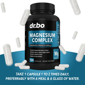 Magnesium Complex Supplement Capsules 500mg - Support Energy, Relaxation, Leg Cramps & Legs - Help Aid Muscle Support Supplements - High Absorption Premium Mag Citrate Oxide - 120 Capsules DR. BO buy supplements Au
