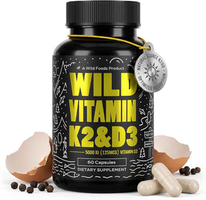 Wild Foods 5000iu Vitamin D3 + K2 | (100mcg Mk7) with Black Pepper Extract, Plant-Based, Non-GMO, Soy & Gluten-Free | Dietary Supplement | Made in USA | 60 Capsules