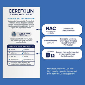 Cerefolin Brain Wellness, Targeted Nutrition for Cognitive Support, Improves Memory, Focus & Concentration, L-Methylfolate, NAC, B12, Neurologist Recommended (30 Count) Cerefolin buy supplements Au