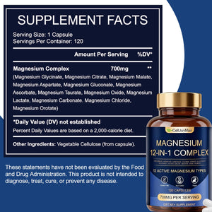 Magnesium 12-in-1 Complex 700mg, with Glycinate & Citrate, Vegan Supplement for Daily Wellness, 120 Capsules (1) WOJJ buy supplements Au