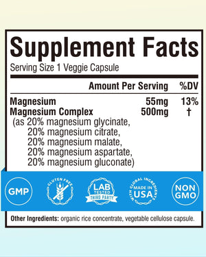 Terranics 5-in-1 Magnesium Complex Supplement 500mg - 5 Forms High Absorption Magnesium Glycinate Citrate Malate Aspartate Gluconate for Sleep Heart Health - Non-GMO 120 Vegan Capsules Terranics buy supplements Au