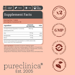 Double Strength Silica Complex โ 500mg Horsetail Extract (4:1) per Tablet โ 90 Tablets โ 3 Month Supply โ with Zinc, Manganese & Boron pureclinicaย buy supplements Au