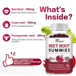 Webuff Beet Root Gummies - Nitric Oxide Booster with Organic Beet, Pomegranate & Grape Seed, Vitamin B12 - Energy, Circulation & Heart Health Support, Vegan, Non-GMO, 60 Count (Pack of 1) Webuff buy supplements Au