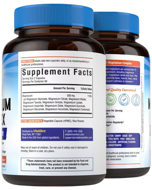 Vitalibre 12 in 1 Magnesium Complex Supplement 500mg | Max Absorption Chelated Magnesium Glycinate Citrate Malate & More for Bone, Nerve & Digestive Support | Non-GMO Vegan Capsules (120 Count) Vitalibre buy supplements Au