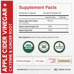 USDA Organic Apple Cider Vinegar Capsules with Mother, 1200 mg | Vegan & Non-GMO | Apple Cider Vinegar Pills with Cayenne Pepper & Ginger Root | 120 Caps
