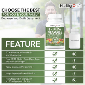 Fruits & Veggies Formula - 27 Premium Whole Foods - Organic Ingredients - Equals 3 Servings of Fruits & Vegetables - Improve Energy, Focus & Immune Function - Fiber - Antioxidants - 150ct (75 Serv) Healthy OneBuy Supplements Australia