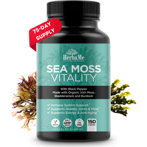 HerbaMe Organic Irish Sea Moss with Bladderwrack, Burdock Root & Black Pepper Extract, 150 Capsules, Thyroid Support, Natural Iodine Source, Promotes Immune System, Cell Food, Alkaline Supplement HerbaMe buy supplements Au