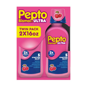 Pepto Bismol ULTRA Liquid for Nausea, Heartburn, Indigestion, Upset Stomach, and Diarrhea - 5 Symptom Fast Relief Medication for Adults, Cherry Flavor, 2x16 oz Pepto Bismol buy supplements Au