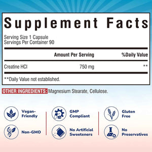 Vitalibre Creatine HCl Capsule, 750mg High Absorption Creatine Hydrochloride, Endurance, Strength, Fast Absorbing, No Load, No Bloat, Monohydrate Micronized Alternative, Once Daily, 90 Capsules