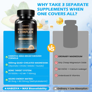 Magnesium Complex Supplement 600mg with with D3 K2 MK7 & B Vitamins High Absorption Capsules with Glycinate, Citrate & Malate,Taurate Relaxation,Muscle,Heart Support, Vegan 120 Capsules HABIZIYA buy supplements Au