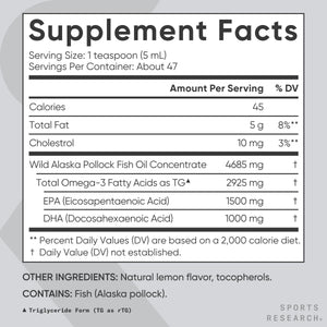 Sports Research® Omega-3 Fish Oil, 8oz Glass Bottle - 4685mg of Wild Caught Alaska Pollock Fish Oil per Serving - Easy-to-Take Liquid · Lemon Flavor · Non-GMO · MSC Certified Sustainable - 48 Servings Sports Research buy supplements Au