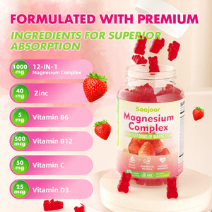Magnesium Complex Gummies – with 12 Forms of Magnesium (Citrate, Glycinate, Malate, Oxide, and More) Plus Vitamins B6, B12, and C. for Women and Men – Strawberry Flavor, 60 Count Saajoor buy supplements Au