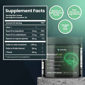 Memory Fuel Creatine Monohydrate Powder for Brain Energy & Focus | 5,000mg Micronized Creatine with L-Theanine, Choline & Magnesium, Cognitive Support for Adults, No Crash, 1 Scoop Daily