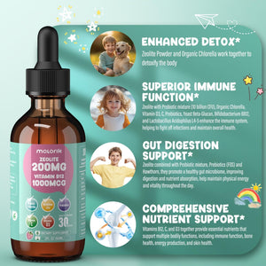 Zeolite Detox for Kids and Adults, 200mg Zeolite Liquid Drops with 1000mcg Vitamin B12, Organic Chlorella, 10 billion CFU & Prebiotics for Gut Support & Speech, Immune, Bone, Energy*, Strawberry, 60ML molorik pure buy supplements Au