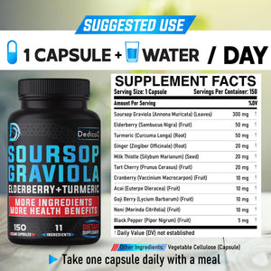 DEDICAD 11in1 Graviola Soursop Capsules for 5 Months Supply with Soursop Fruit, Elderberry, Turmeric, Ginger, Milk Thistle, Cranberry & More - Mood - 150 Vegan Capsules DEDICAD buy supplements Au