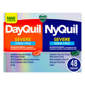 Vicks Dayquil & Nyquil Severe Co-Pack, Cold & Flu Medicine, Powerful Relief For Headache, Fever, Sore Throat, Minor Aches & Pains, Congestion, Sinus Pressure, Stuffy Nose, And Cough, 48 Liquicaps Vicks buy supplements Au