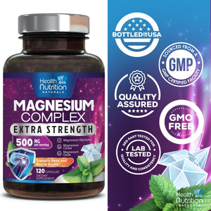 Magnesium Complex Capsules - 500mg per Serving Magnesium - High Absorption Chelated Mineral Supplement - with Oxide, Glycinate, Malate, Citrate for Muscle Bone and Heart Health Support - 120 Capsules Health Nutrition Naturals buy supplements Au