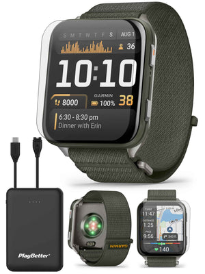 PlayBetter Garmin Venu X1 (Moss/Titanium) Fitness GPS Smartwatch Bundle - 2" Thin AMOLED Display, Advanced Health and Fitness 5000mAh Portable Charger & HD Screen Protectors