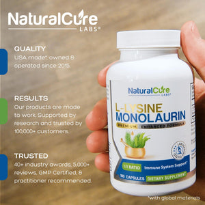 Natural Cure Labs L-Lysine with Monolaurin 600mg 1:1 Ratio, 2 Pack, 200 Capsules Natural Cure Labs buy supplements Au