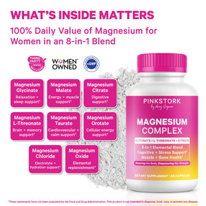 Pink Stork Magnesium Complex for Women - 8 Forms Including Glycinate, Malate, Citrate & L-Threonate - Stress, Sleep, Muscle & Hormone Support - 400 mg Elemental Magnesium - 60 Vegan Capsules Pink Stork buy supplements Au