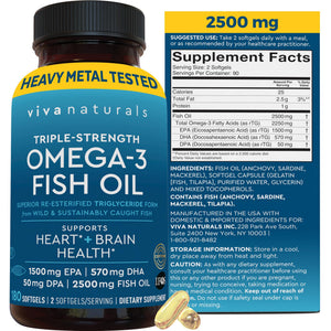 Triple Strength Omega 3 Fish Oil Supplement for Men and Women – 2500 mg High-Potency, Easy-to-Absorb Re-esterified Triglyceride Form, Pescatarian-Friendly DPA EPA DHA Omega 3 Supplement, 180 Softgels Viva Naturals buy supplements Au