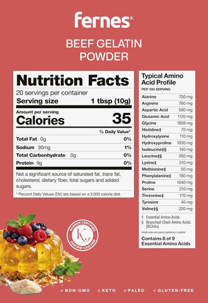 Fernes Beef Gelatin Powder Unflavored - Grass-Fed & Pasture-Raised, 225 Bloom Thickening Agent for Gummies, Marshmallows, Jellies, Desserts & Baking - Keto, Paleo, Non-GMO, Kosher, Gluten-Free, 7 oz