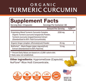Life's Fortune Organic Turmeric Curcumin with Black Pepper and Ginger, Enhanced Absorption, Extra Strength Supplement, Joint & Immune Support, Non-GMO, 180 Cap - 2250mg