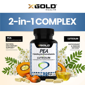 Palmitoylethanolamide 630 mg + Luteolin Standardized 98%- Micronized Pea 99% Highly Purified and Bioavailable - Made in USA - Supplement for Men and Women - 120 Veggie Capsules X Gold HealthBuy Supplements Australia