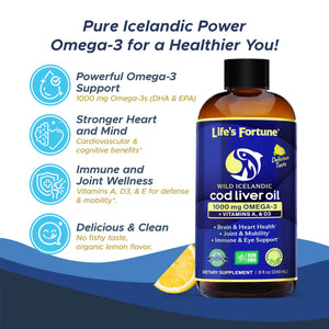 Life's Fortune Cod Liver Oil Liquid Lemon Flavor Organic Supplement with DHA, EPA 1000 mg High Potency Omega-3s + Vitamin A, E & D3 - Supports Immune, Joints, Eyes, 16 Fl Oz (Pack of 1)