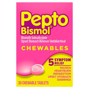 Pepto Bismol Chewable Tablets, Upset Stomach Relief, Nausea Relief, Heartburn Relief, Indigestion Relief, Anti Diarrhea Medication for Adults - 5 Symptom Relief, 30 ct Pepto Bismol buy supplements Au