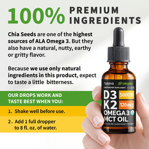 (2 Pack) Organic Vitamin D3 K2 Drops with MCT Oil Omega 3, 5000 IU — Liquid D3, No Fillers, Non-GMO, Immune Support (Unflavored, 2 Fl Oz) NUSAVA buy supplements Au
